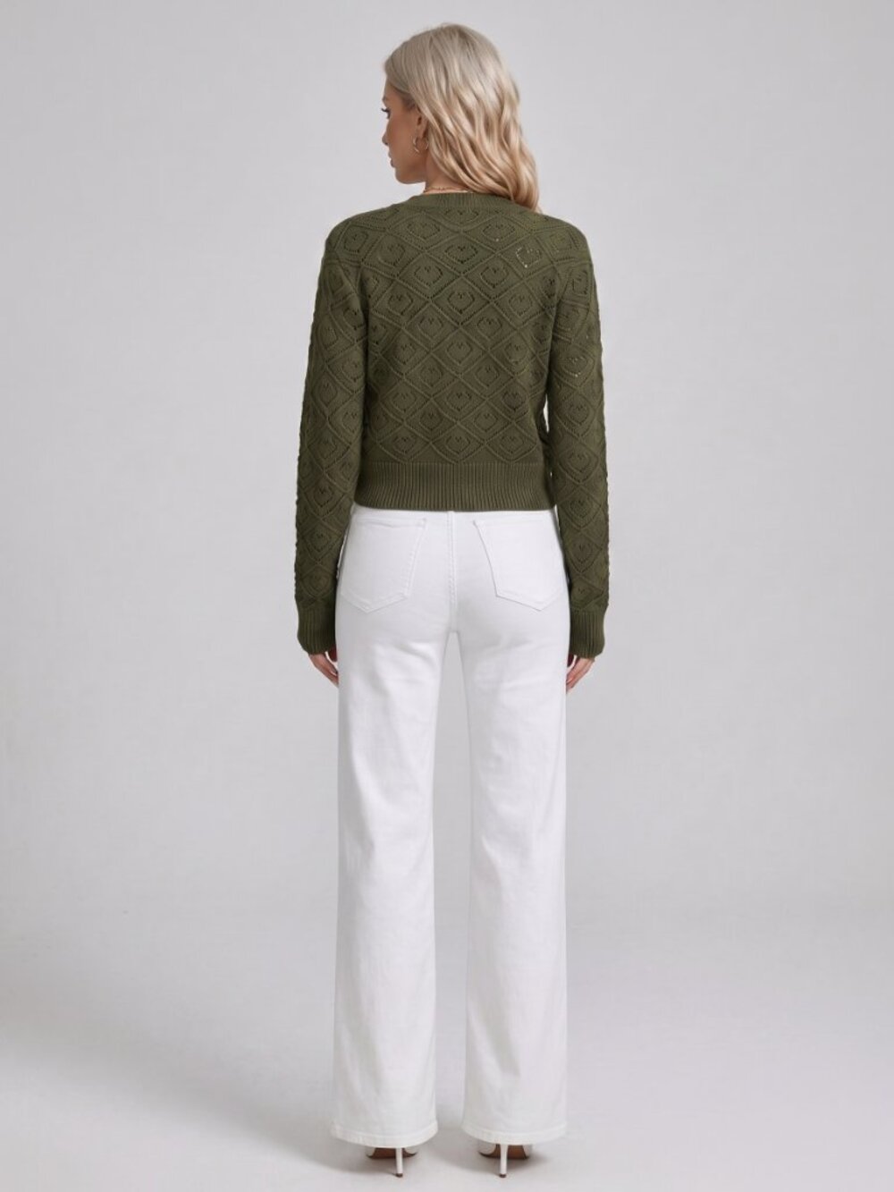 Women's Olive Green Pointelle Knit Cardigan Button Front Hollow Out Sweater - Picture 5 of 5